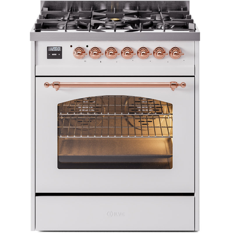 ILVE Nostalgie II Series 30 inch Dual Fuel Range with 5 Sealed Burners (Glass Door), Natural Gas, White/Copper
