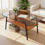 Table basse moderne en verre rectangulaire avec tablette en bois et structure en métal, table de salon moderne-156893610-156893611