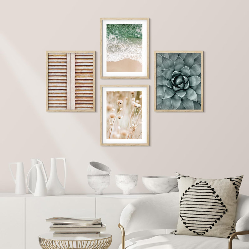 «Teal Ocean Beach Desert Succulent Decor Calm», impression sur papier 4 pièces, Naturel, H 14 po x l 11 po