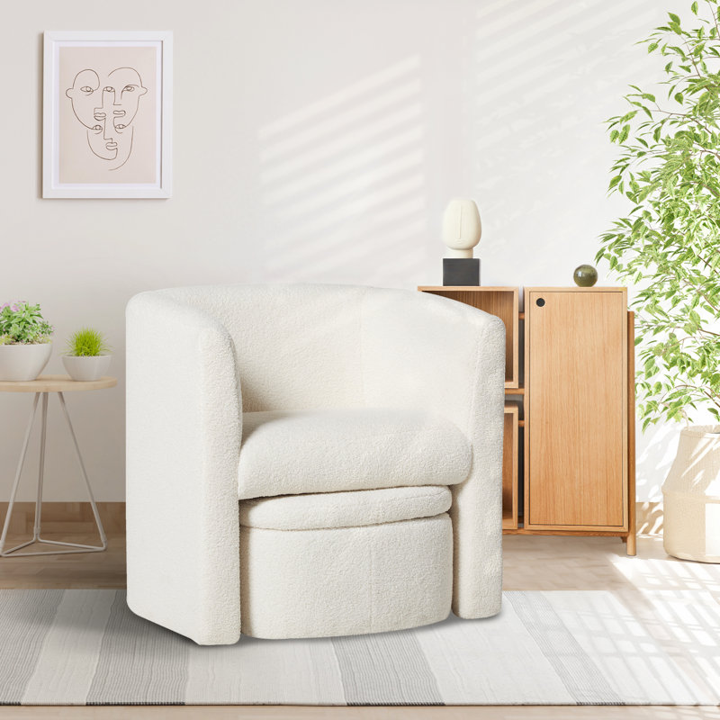 Kyah Upholstered Barrel Chair with Footstool, Cream Faux Fur