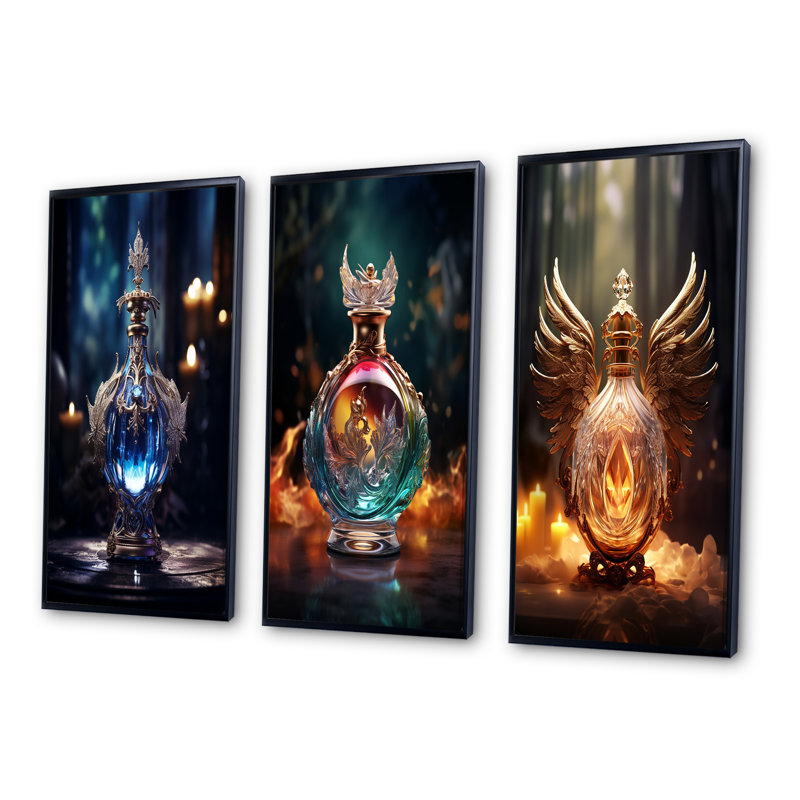 «Retro Perfume Bottle Exquis Design», 3 pièces sur toile, Cadre flottant noir, H 32 po x l 48 po