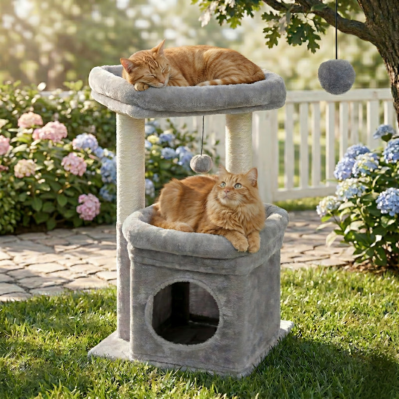 Tour à chat pour chats d'intérieur, condo pour chat privé, poteaux à griffer en sisal naturel, pompon en peluche, pour petits chats