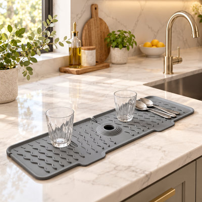Protection antiéclaboussures en silicone pour robinet d'évier de cuisine, tapis de vidange pliable à pente rapide (5°), ouverture découpable et fermeture à pression, gris