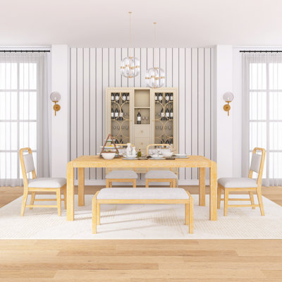 6-Piece Vintage Rectangular Extendable Dining Table Set,With 4 Ergonomic Upholstered Chairs And 1 Bench,A 12-Inch Removable Middle Leaf,Elegant Curved Legs,Easy Assembly
