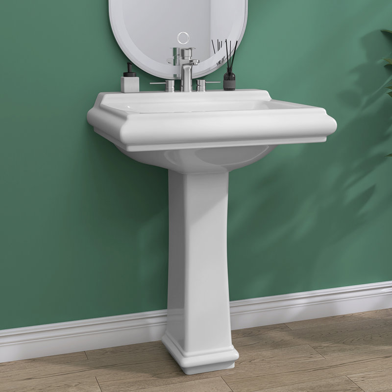 27'' W x 34.5'' H Pedestal Bathroom Sink Combo in White Vitreous China Rectangular Ceramic Vessel Basin with 3-Centerest Faucet Holes