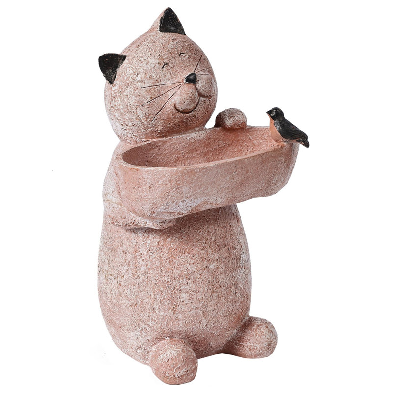 Rustic Beige Resin Cat Garden Statue with Bird Feeder
