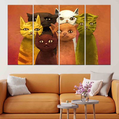 Printed Canvas: Modern Abstract Cats Wall Art for Cat Lovers,4P Wrapped Canvas