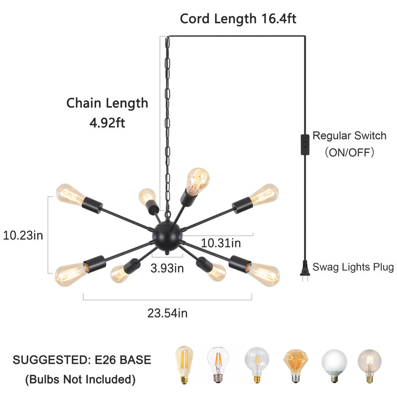 Pushkar 8 - Light Modern Plug in Sputnik Sphere Chandelier with Cord & ON/OFF Switch, Industrial Dining Room Chandelier Kitchen Pendant Lights