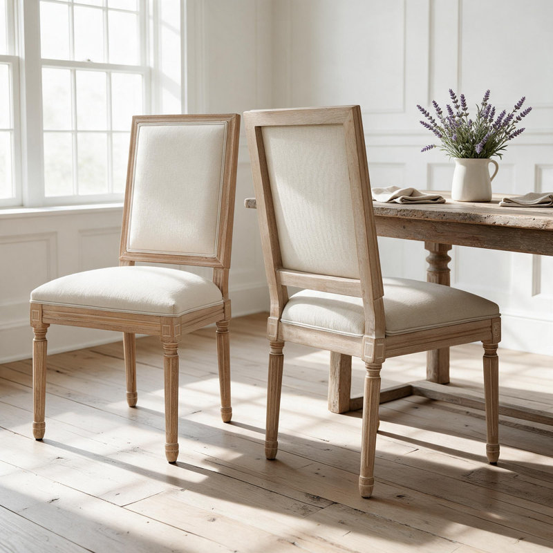 Chaises de salle à manger French Country - Chaises d'appoint rembourrées rectangulaires avec pieds en bois massif, Beige, 2