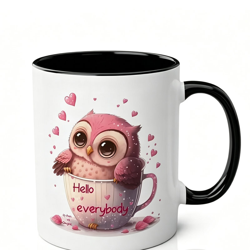 Cute Owl Ceramic Coffee Mug with "Hello Everybody" Design - Pink Tea Cup with Double-Sided Animal Print, Perfect Gift for Birthdays.