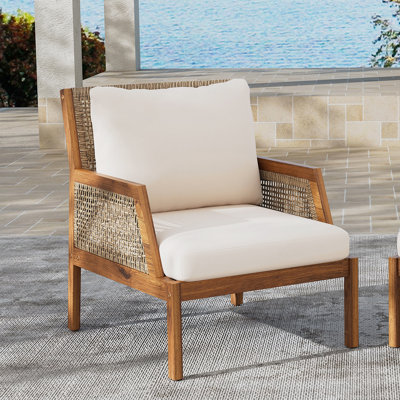 Fauteuil club en bois d'acacia, fauteuil d'extérieur en osier, siège profond avec coussins moelleux pour porche, jardin, cour arrière, balcon, teck et mélange de brun et de crème