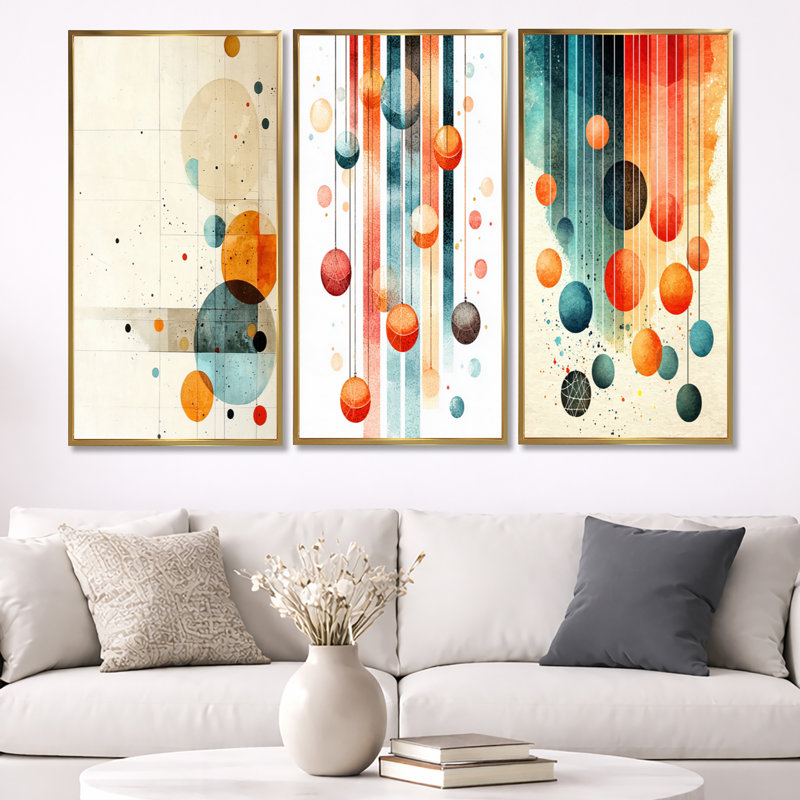 Art mural Mid-Century abstrait de style Mid-Century, H 32 po x l 48 po, Cadre flottant doré