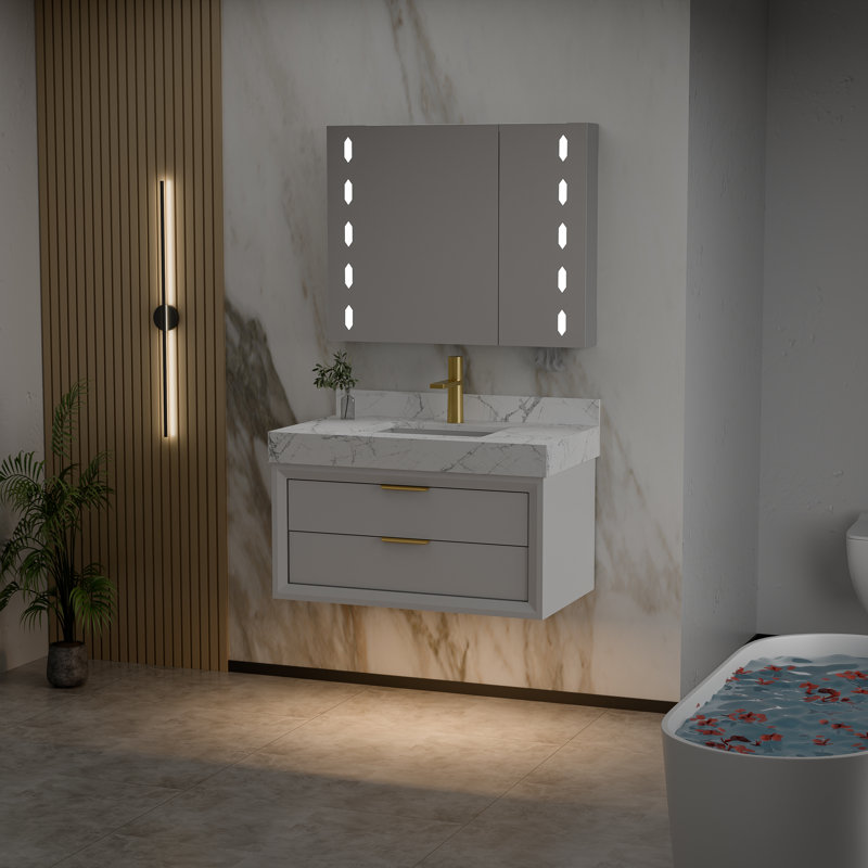 Meuble-lavabo flottant blanc 36 po avec veilleuse à DEL 36 po, meuble-lavabo mural avec plateau en pierre reconstituée et tiroirs à fermeture en douceur