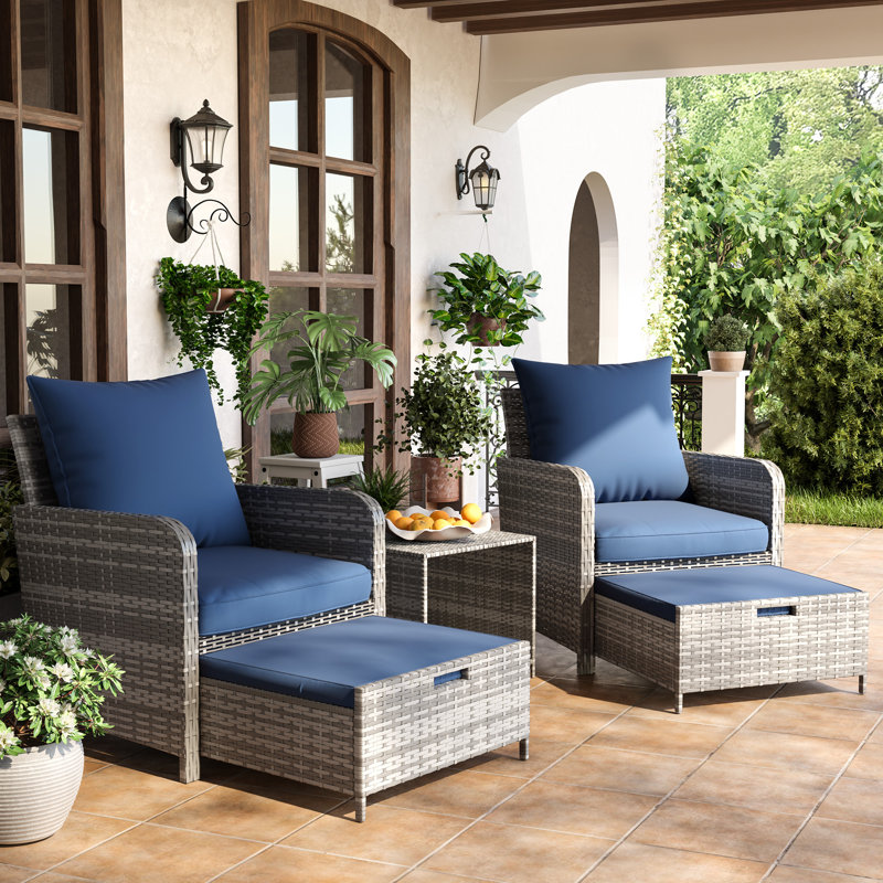 Billmont Wicker/Rattan 2 Person Seating Patio Conversation Sets With Ottoman,  Navy Blue Cushion/Gray Frame