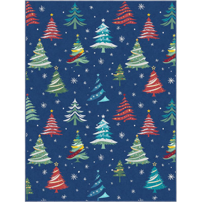 9x12 Christmas Area Rug with Xmas Tree Pattern, Washable Non Slip Rug for Living Room, Blue