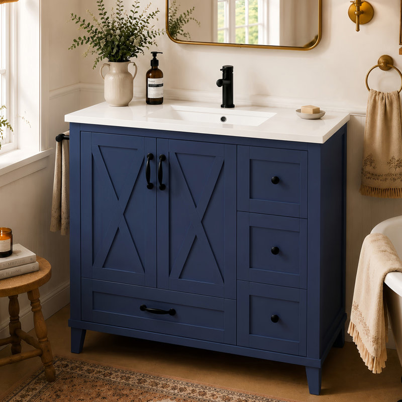 Meuble-lavabo élégant 36 "avec lavabo en céramique, Navy Blue