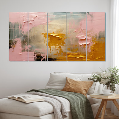 Célébration de la destinée abstraite, peinture or rose II - art mural abstrait, salon - 5 panneaux égaux