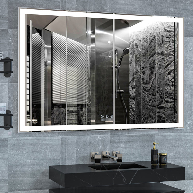Miroir mural de salle de bain 60 po x 40 po avec cadre en aluminium à DEL durable, imperméable et durable, 3 réglages de couleur, système de commande tactile à fonctionnalité intelligente