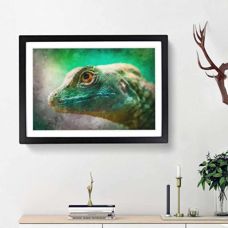 Green Lizard - Picture Frame Graphic Art Print, 62cm H x 87cm W x 2cm D, Black Framed