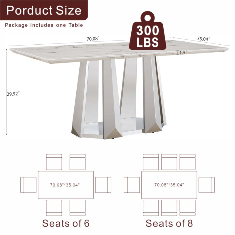 Table de salle à manger 70 po Modern Modern, Silver+White