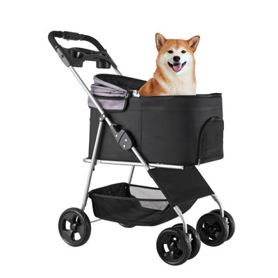 Foldable 4-Wheel Pet Stroller with Detachable Carrier, Black and Grey