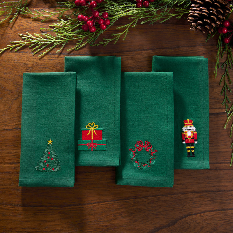 Serviettes de Noël Holiday en coton brodé, Vert