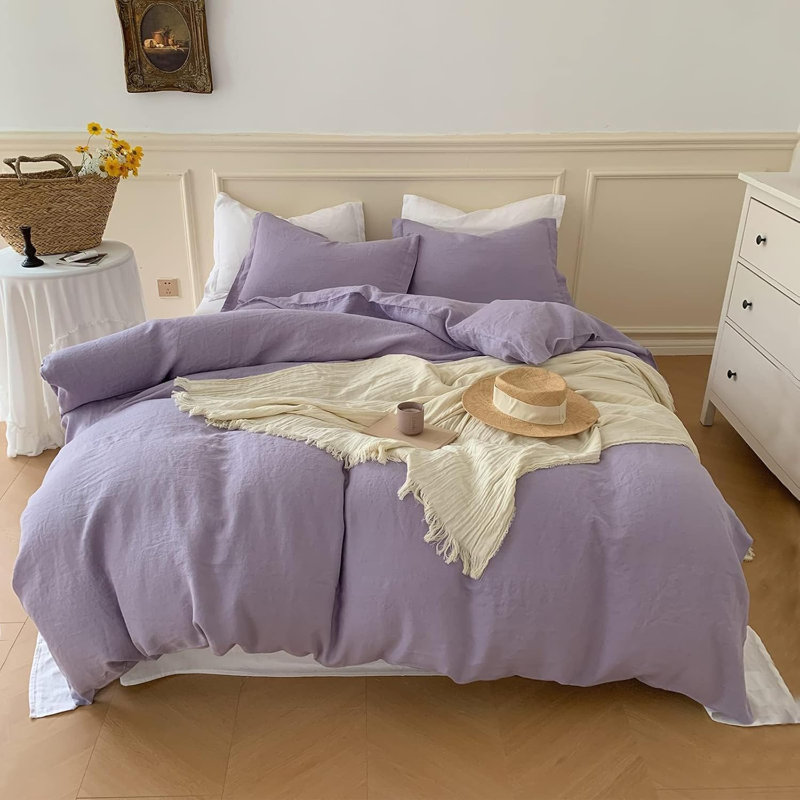 Ensemble de housse de couette 100% lin, Housse de couette très grand + 2 taies d'oreiller, Lilas
