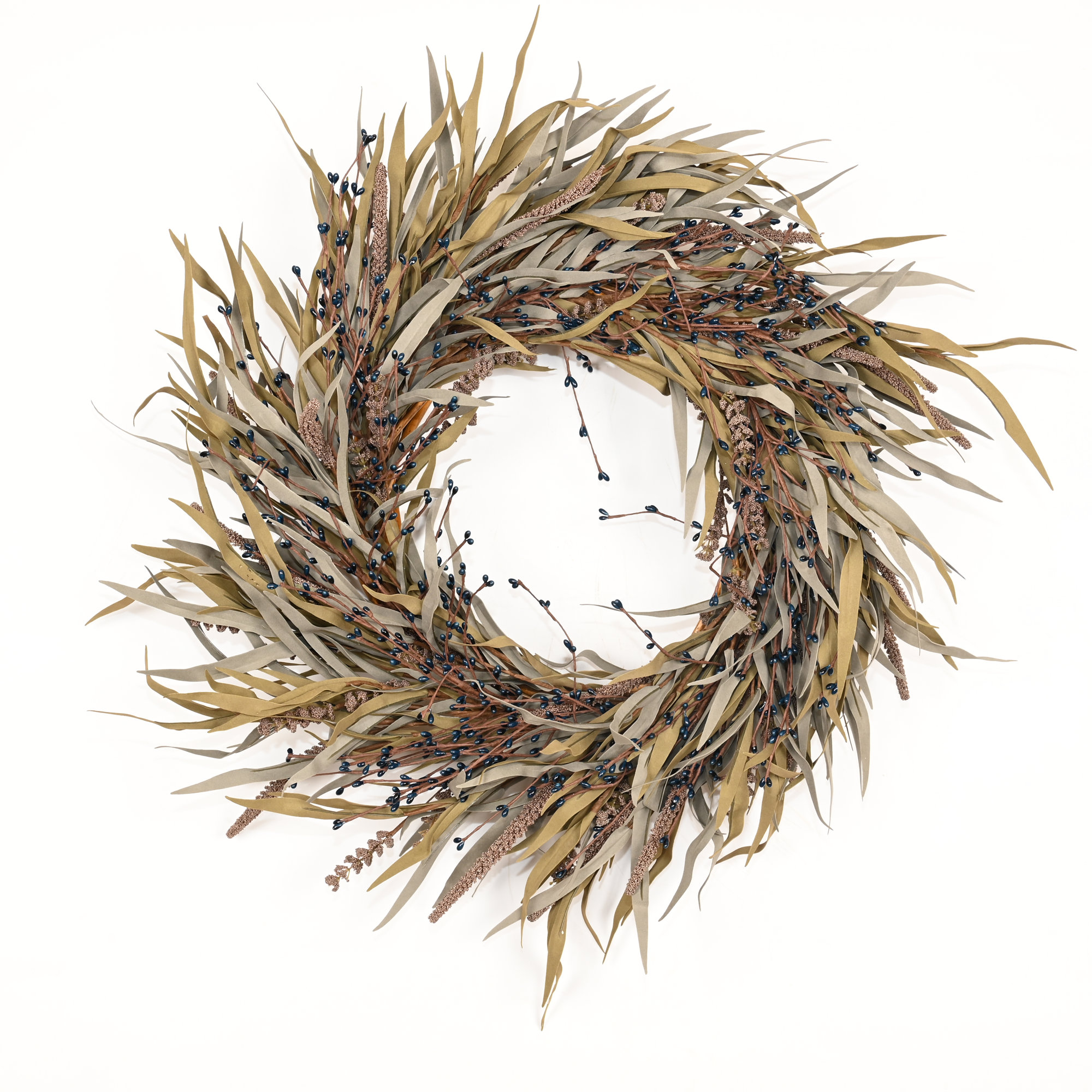 24" Artificial Farmhouse Harvest Thanksgiving Day Blossoms Cluster Grass Berry Fall Wreath For Front Door, Blue