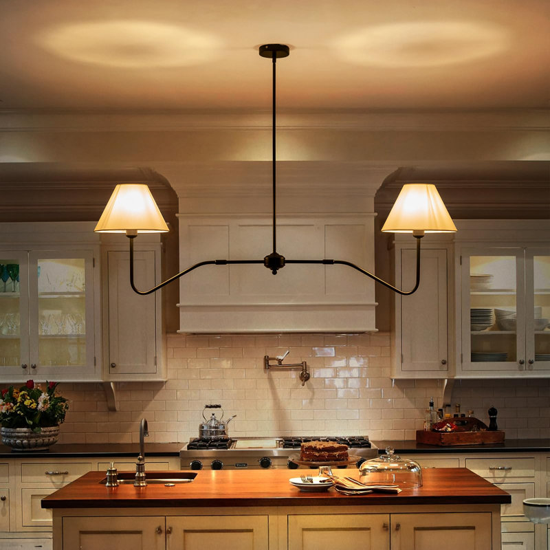 Modern Linear Chandelier For Dining Room, 55 Inch Farmhouse Kitchen Island Lighting With White Fabric Shades, Hanging Lighting Fixtures For Living Room Bedroom
