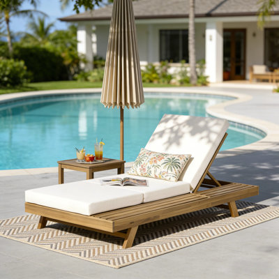 Acacia Solid Wood Lounge Chaise Set with Triple Fold Cushion, Adjustable Backrest for Outdoor Relaxation