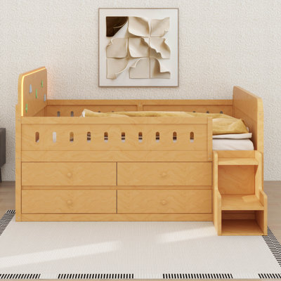 Structure de lit double en bois avec éclairage à DEL et tiroirs de rangement intégrés, lit plateforme moderne avec rangement sous le lit