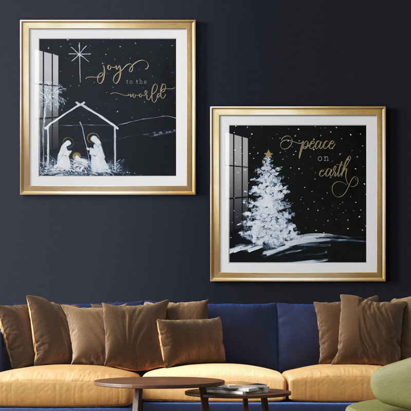 «Joy to the world», ensemble de 2 reproductions d'art encadrées, H 34,5 po x l 69 po x P 1,5 po, Papier encadré doré, Blanc