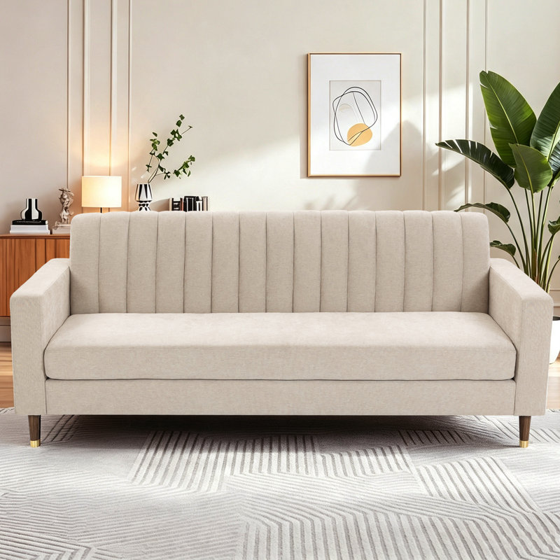 Canapé contemporain à dossier rainuré avec accoudoirs carrés et pieds fuselés, Chenille beige