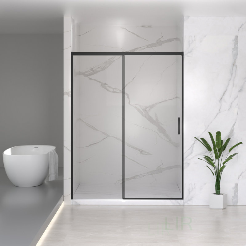 Porte de douche coulissante réglable semi-sans cadre avec verre trempé transparent, aucune découpe requise pour une installation facile, porte de douche