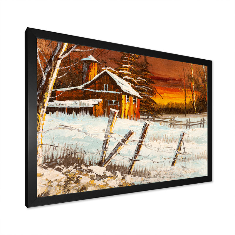 «Old Barn in Evening Winter Times», reproduction sur toile, H 30 po x l 40 po x P 1,5 po, Cadre noir