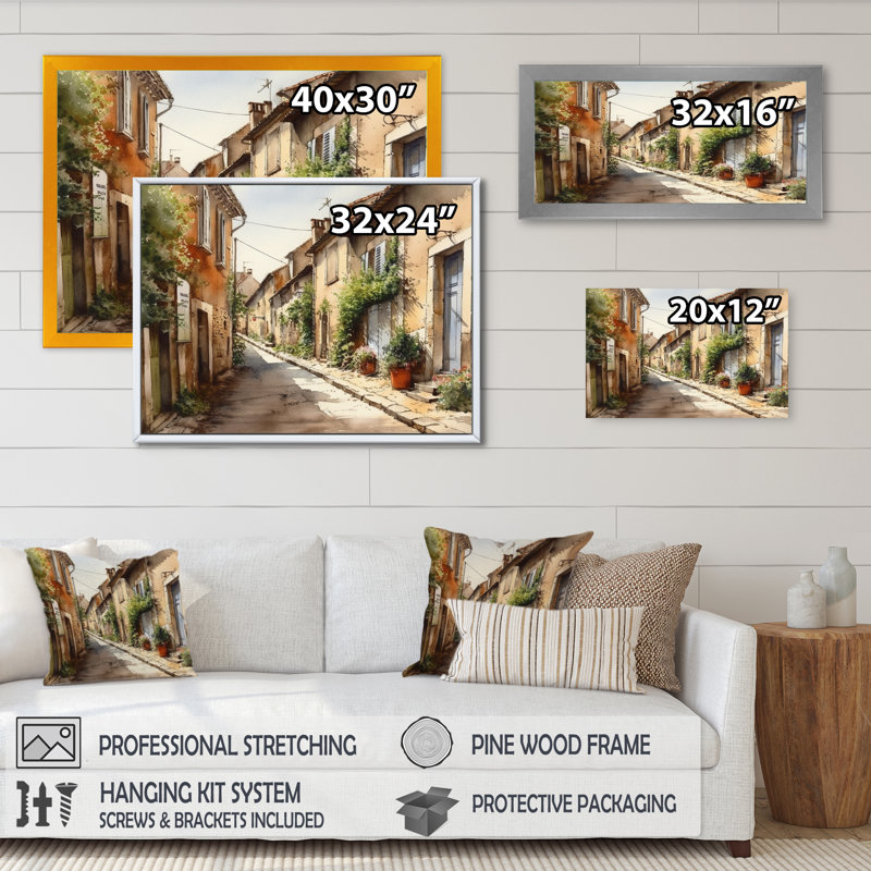 «Rochan Mediterranean Village Street I - Landscape Cottage», reproduction sur toile encadrée, H 12 po x l 20 po x P 1 po
