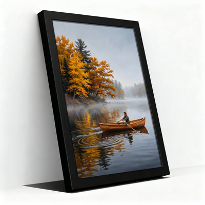 Man Rowing Wooden Canoe on Misty Lake with Golden Autumn Canvas Wall Art