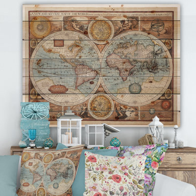 Ancient Map Of The World VIII - Vintage Print on Natural Pine Wood