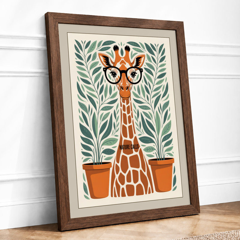 Giraffe with Potted Plants Boho - Framed Print, Walnut, A4 - 29.7 x 21.0 cm