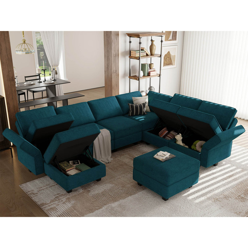 Kimbrel 116.6" Wide Reversible Modular Corner Sectional with Ottoman, Peacock Blue 100% Polyester