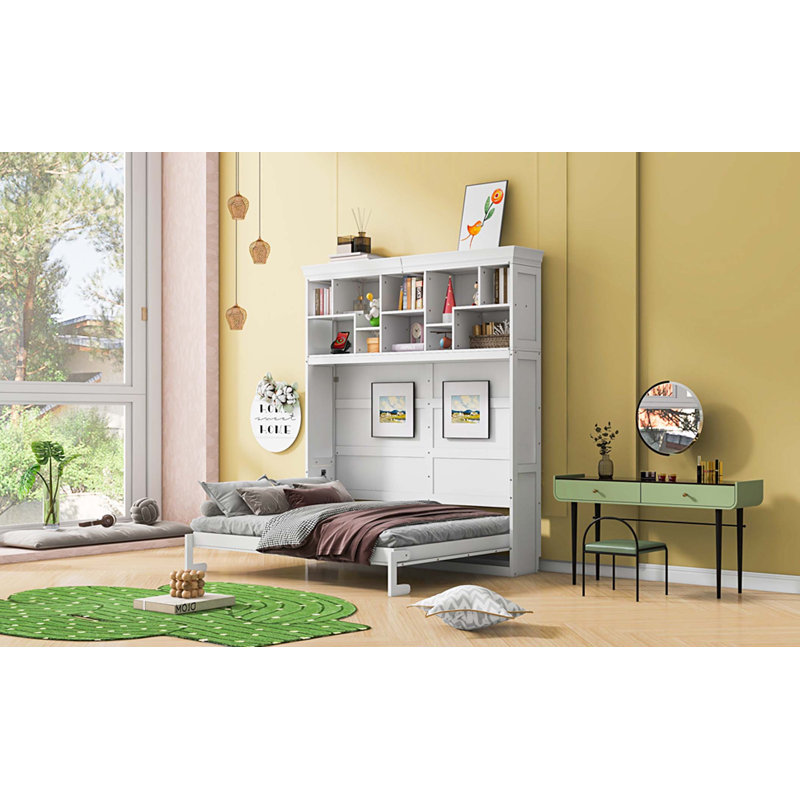 Grand lit escamotable mural avec tablettes supérieures et USB, Blanc