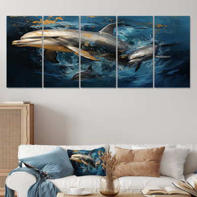 Blue Dancing Dolphines IV - Dolphin 5 Piece Wall Art Canvas