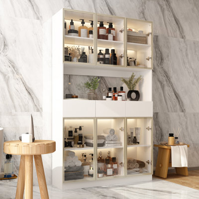 Three Drawers Bathroom Linen Cabinet With Tempered Glass Doors And Light