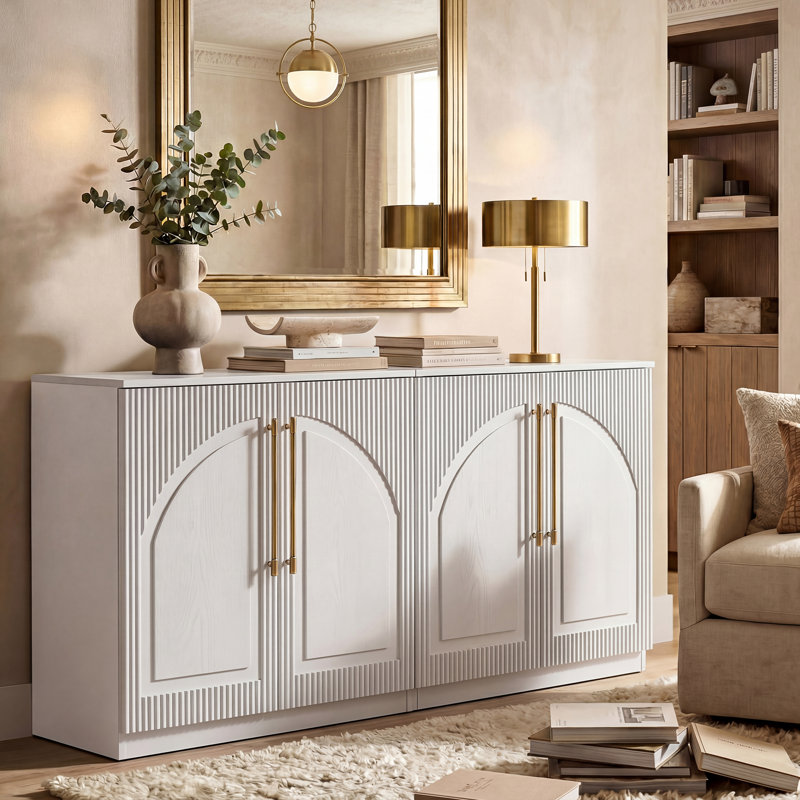 Alpena 31” Modern Arched Fluted Ash Cabinet with Brass Handles – Sideboard & Media Console, Beige