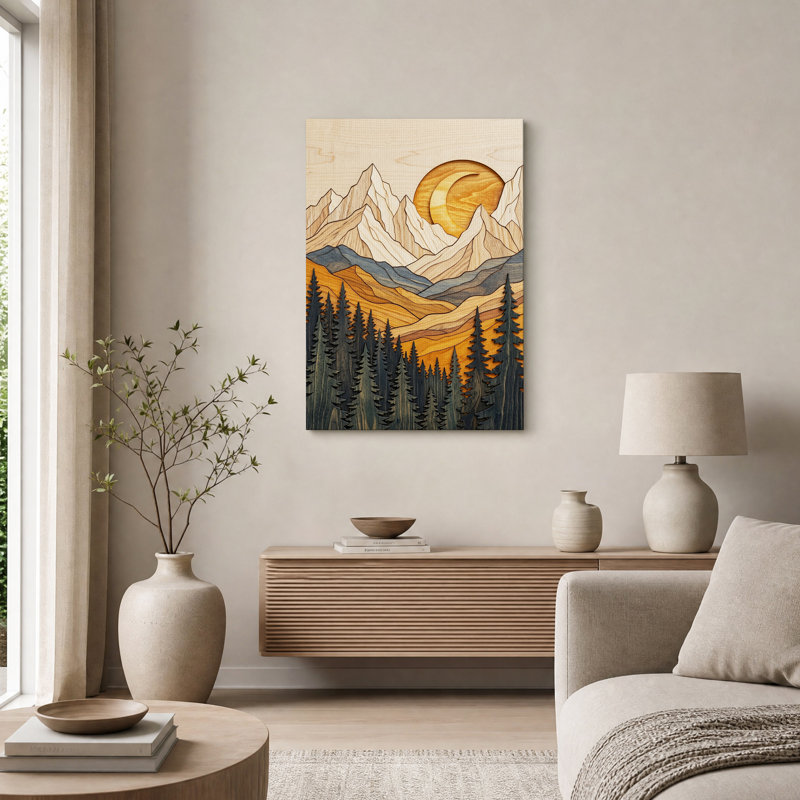 Tableau sur toile représentant un paysage de montagne en bois superposé avec des pins, H 48 po x l 36 po