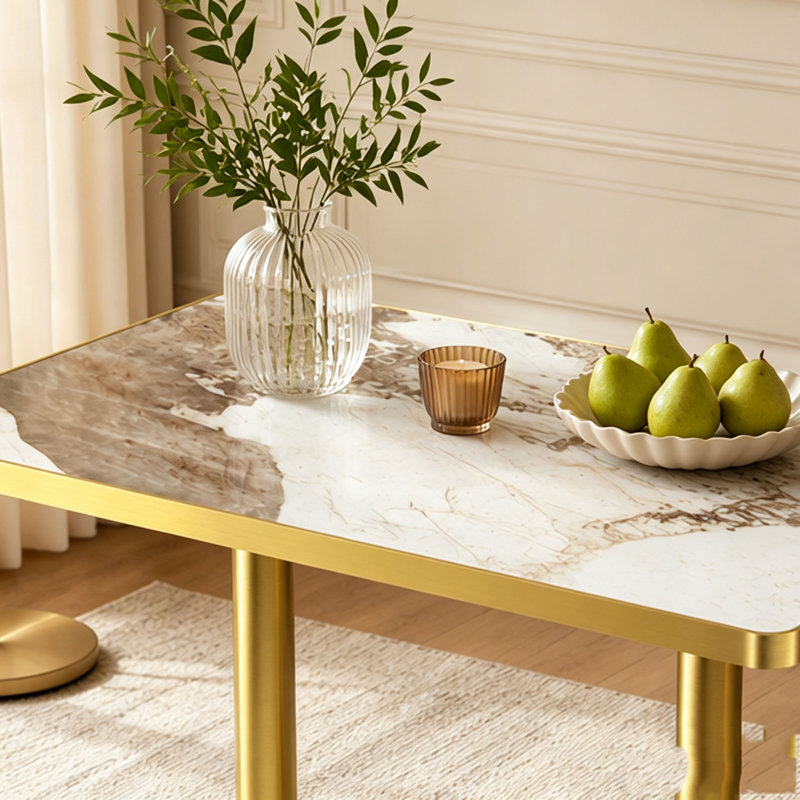 Table de salle à manger en pierre frittée avec plateau en faux marbre, White, PDL + Sintered Stone