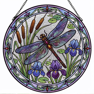 Dragonfly Pond Stained Glass Window Panel，7.8H