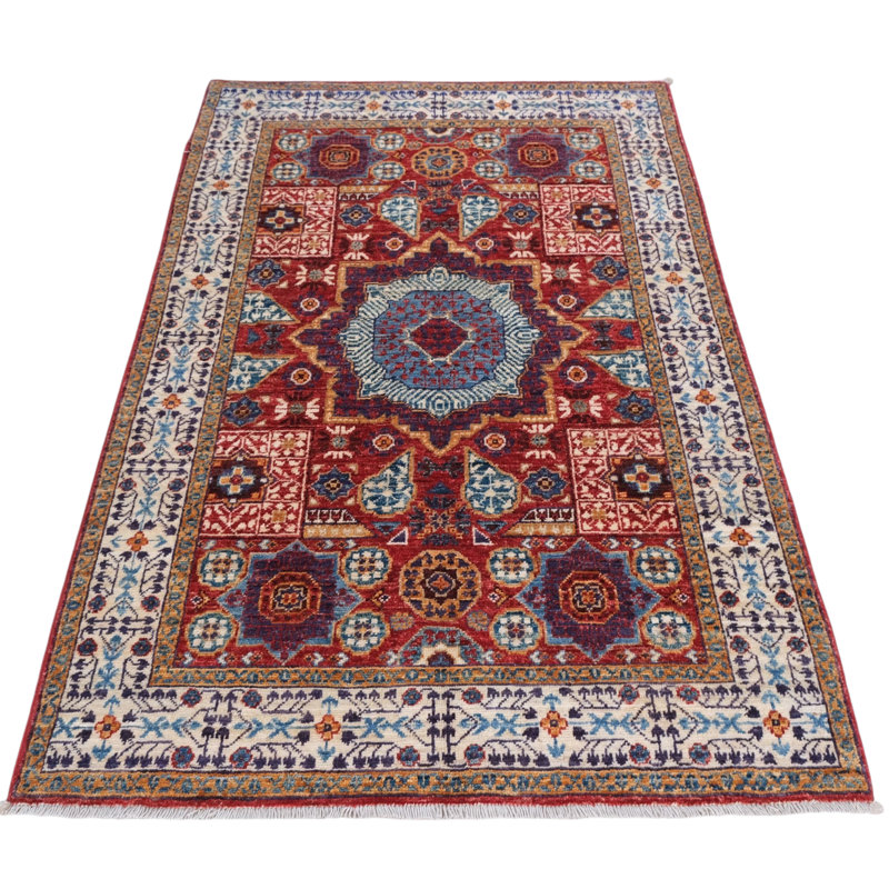 Hand Knotted Wool Area Rug in Red And White