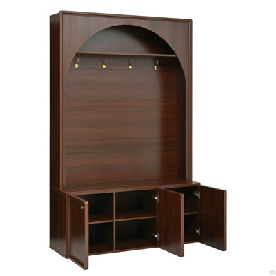 Farmhouse All-in-One Hall Tree with Adjustable Shelves, Retro Arched Entryway Storage Bench with 3 Cabinets, Wooden Coat Rack Organizer with 4 Golden Hooks for Mudroom, Hallway, Walnut