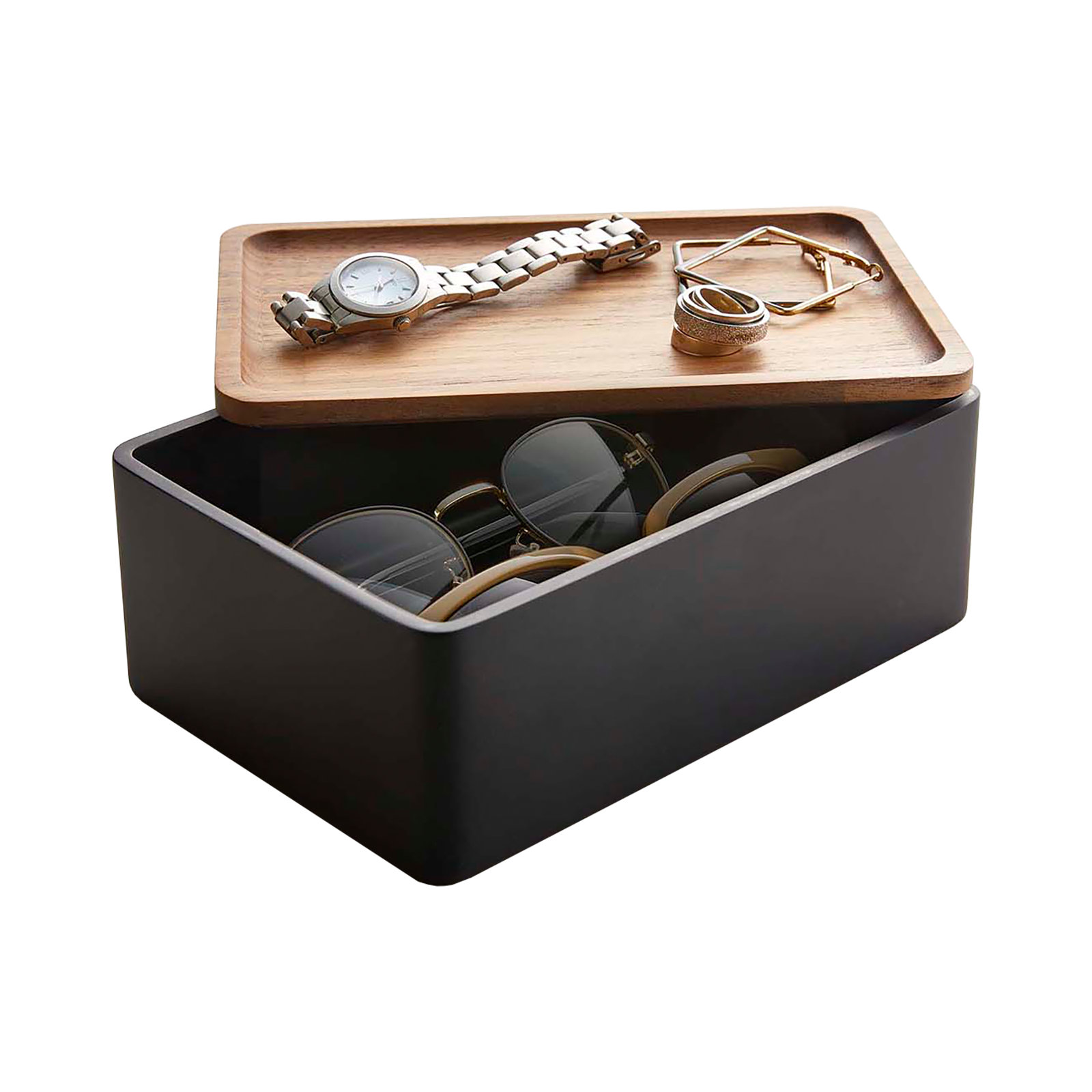 Yamazaki Home Accessory Box, Polystone, Lid, Walnut
